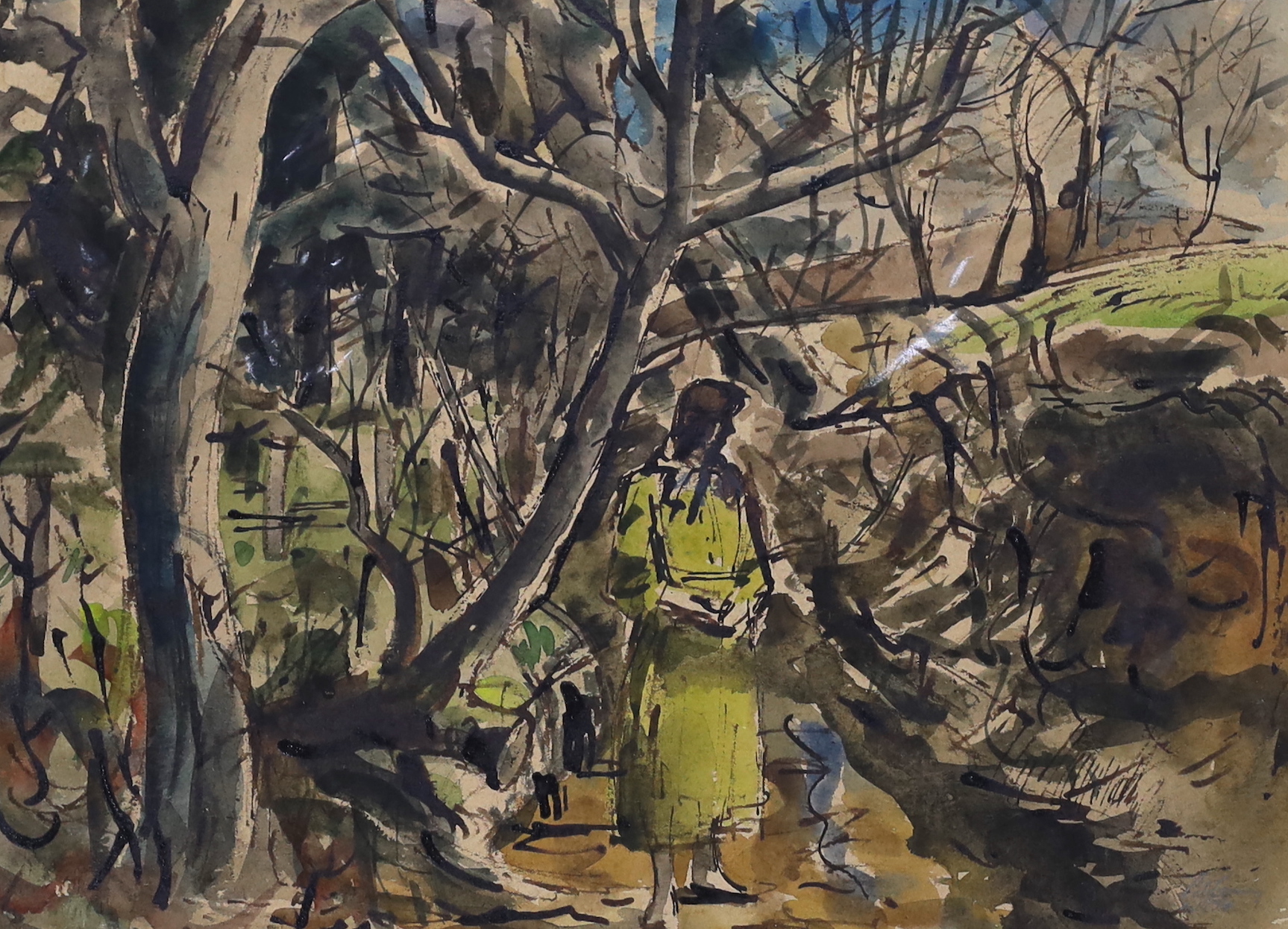 Modern British, ink and watercolour, Woman on a woodland path, indistinctly signed and dated 1954, 28 x 38cm, unframed